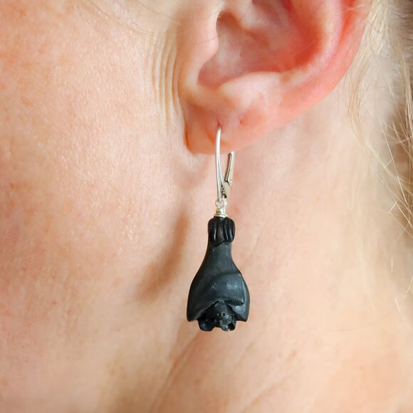 Jūratė Amber Jewelry - Baltic Black Amber Bat Earrings with 925 Sterling Silver